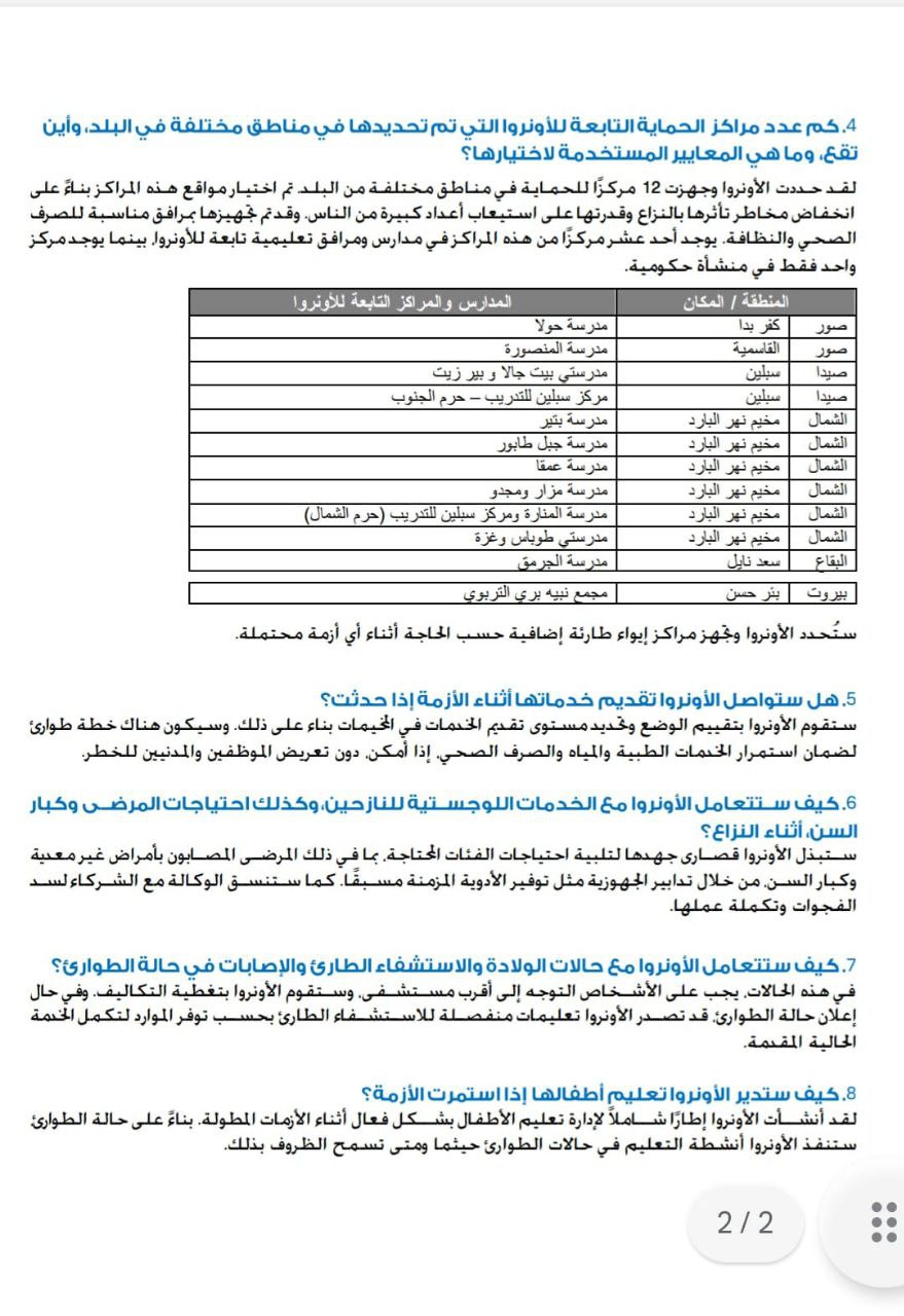 جهوزية الأونروا وخطة الطوارىء والتدابير المعتمدة”