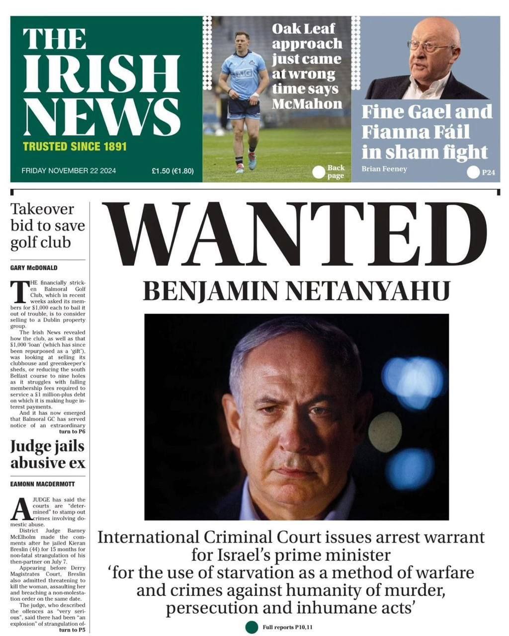 غلاف صحيفة THE IRISH NEWS الإيرلندية: نتنياهو مطلوب