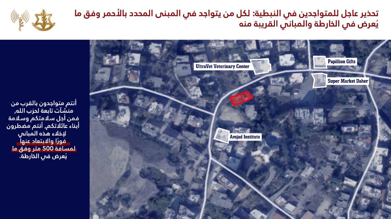 جيش الاحتلال يهدد بقصف بناء سكني في مدينة النبطية جنوبي…