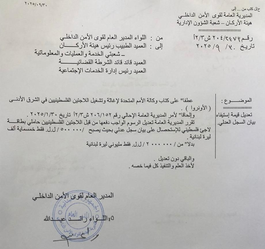تخفيض رسوم السجل العدلي للاجئ الفلسطيني في لبنان من 2…