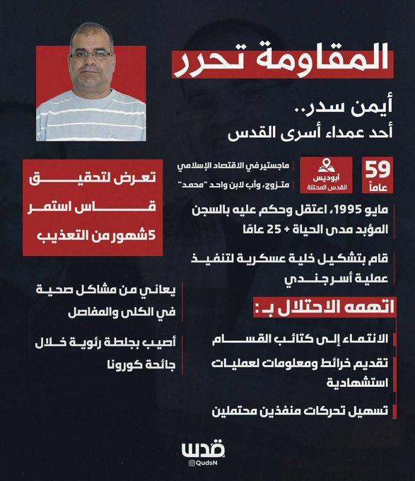 أحد عمداء أسرى القدس.. المقاومة ستحرر الأسير أيمن سدر اليوم…