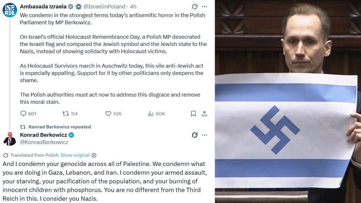 ‏قال عضو البرلمان البولندي كونراد بيركوفيتش إن “إسرائيل هي الرايخ…